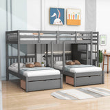 Wood Full Over Twin & Twin L-Shaped Triple Bunk Bed with Stairs and Drawers