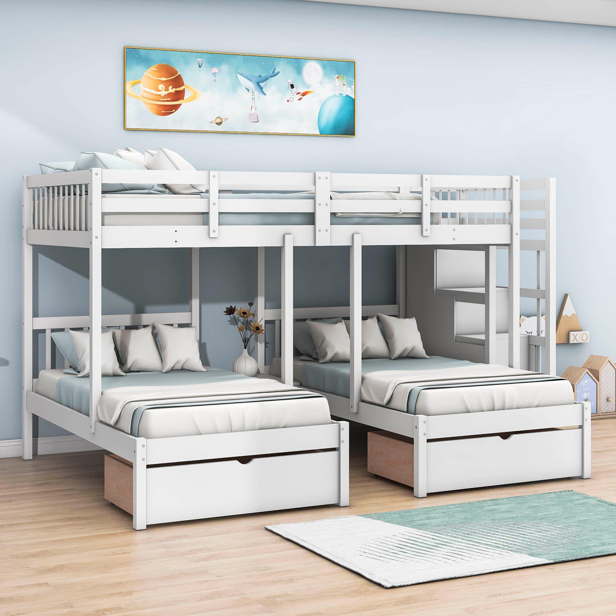 Wood Full Over Twin & Twin L-Shaped Triple Bunk Bed with Stairs and Drawers