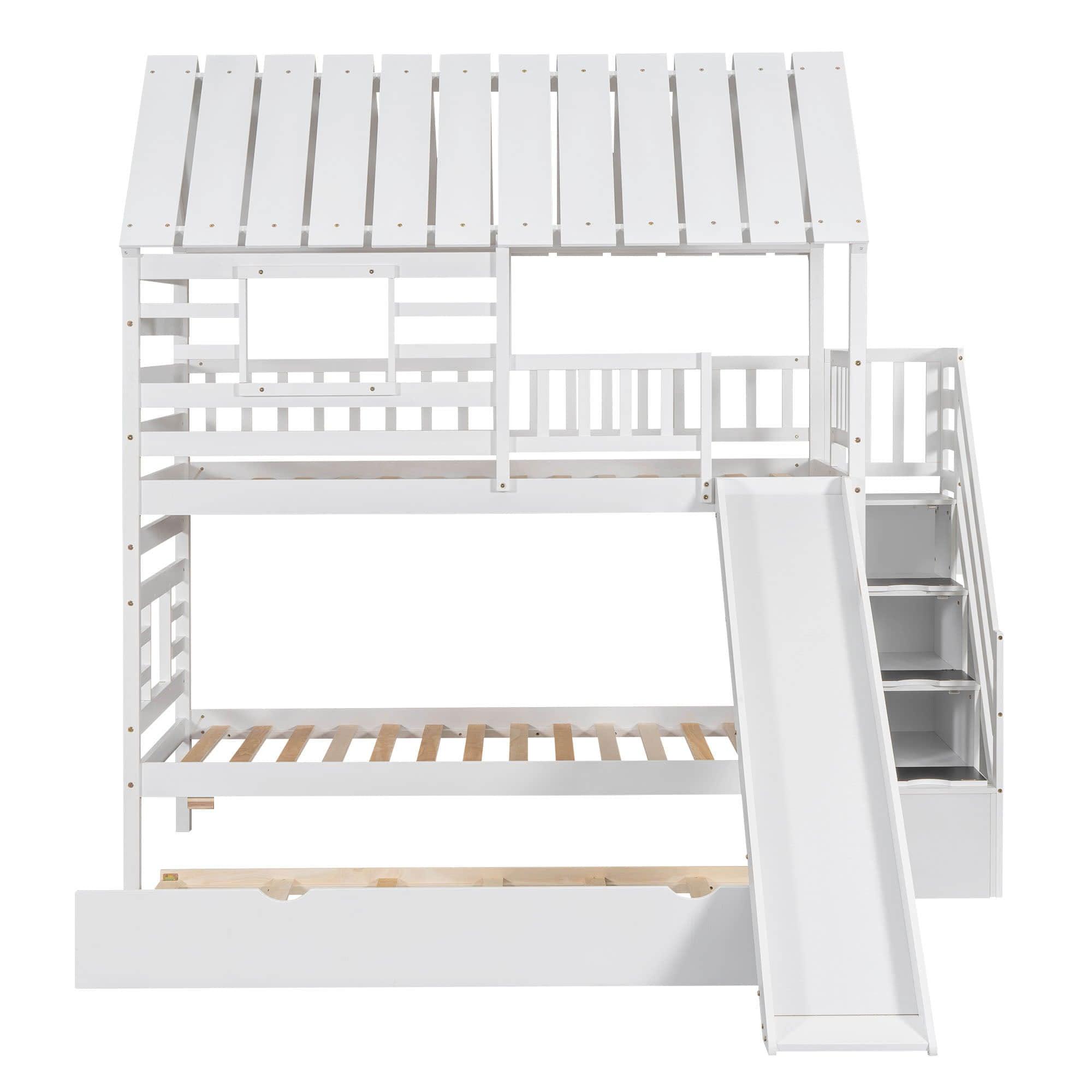 Twin Over Twin House Bunk Beds with Slide and Stairs, Trundle for Kids - [Wooden]