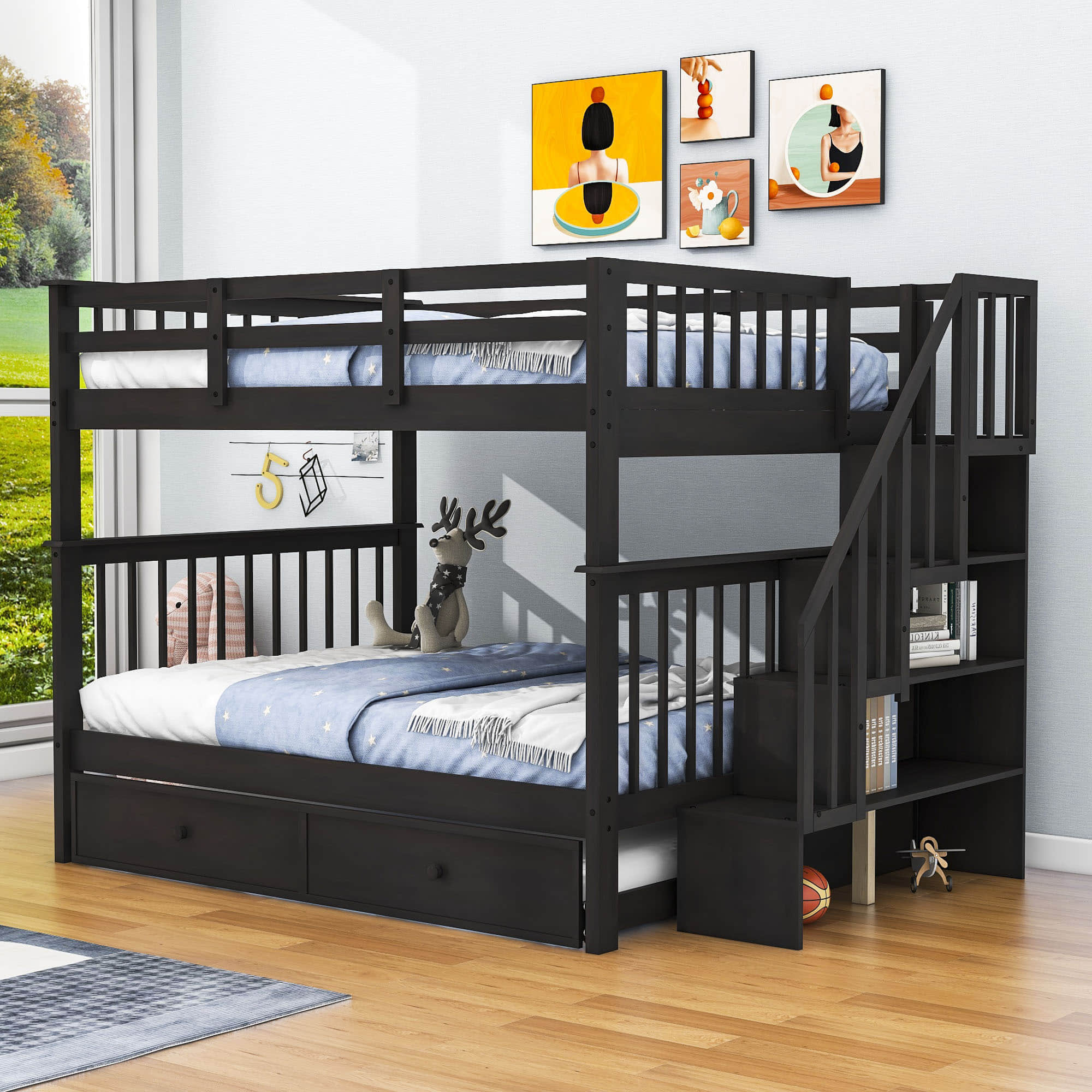 Wooden Full Over Full Bunk Beds with Trundle and Storage - [Stairs, Shelves, Detachable]