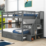 Wooden Full Over Full Bunk Beds with Trundle and Storage - [Stairs, Shelves, Detachable]