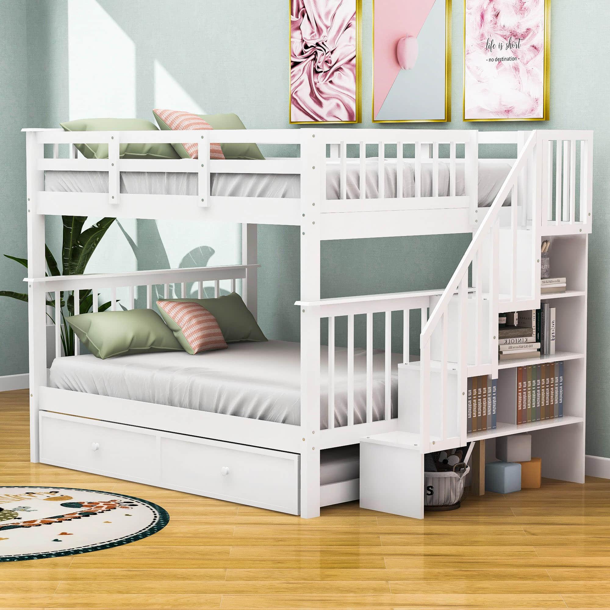 Wooden Full Over Full Bunk Beds with Trundle and Storage - [Stairs, Shelves, Detachable]