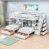 Wood Full Over Twin & Twin L-Shaped Triple Bunk Bed with Stairs and Drawers