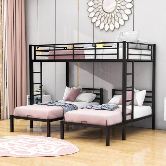 Full Over Twin & Twin Metal Triple Bunk Bed with Shelf