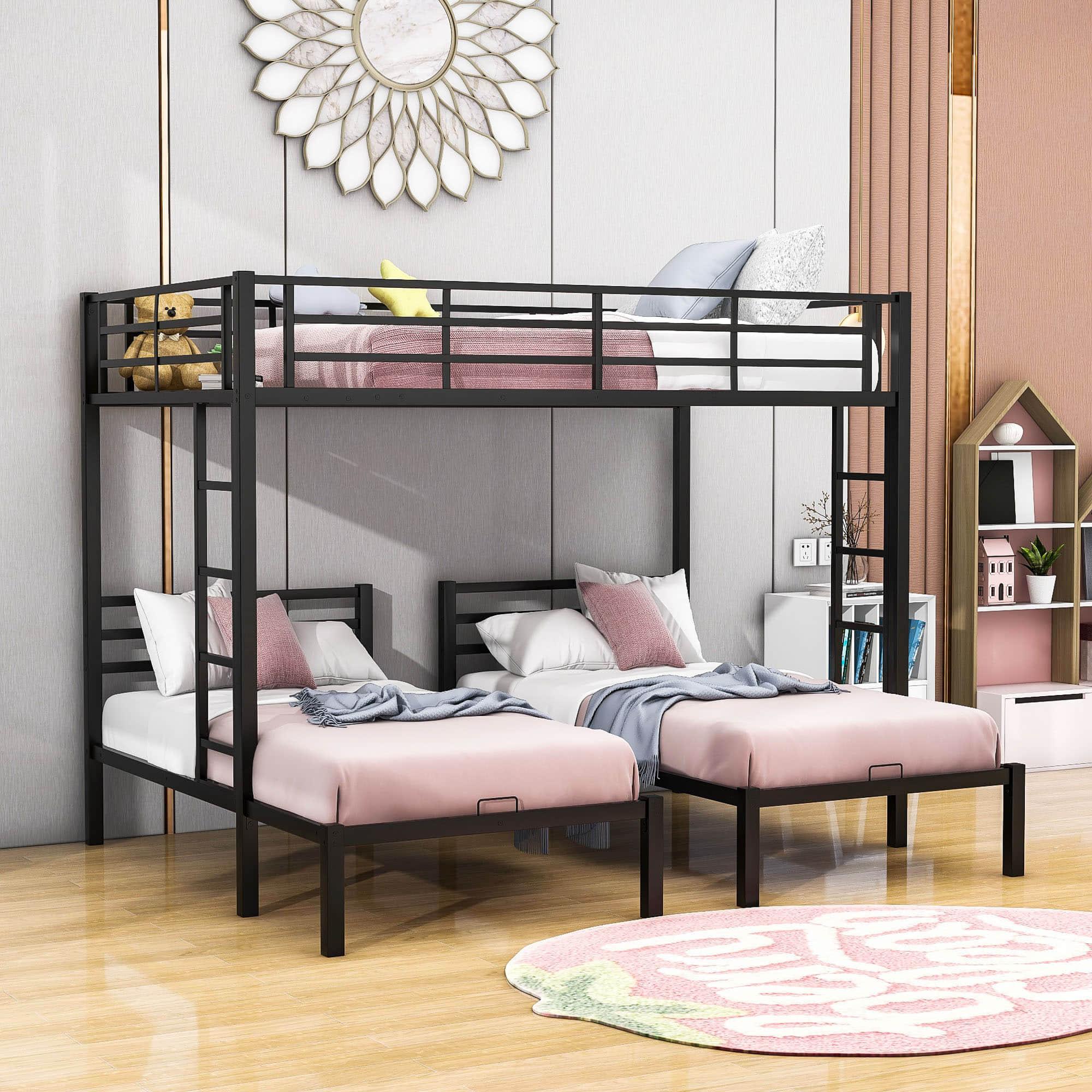 Full Over Twin & Twin Metal Triple Bunk Bed with Shelf