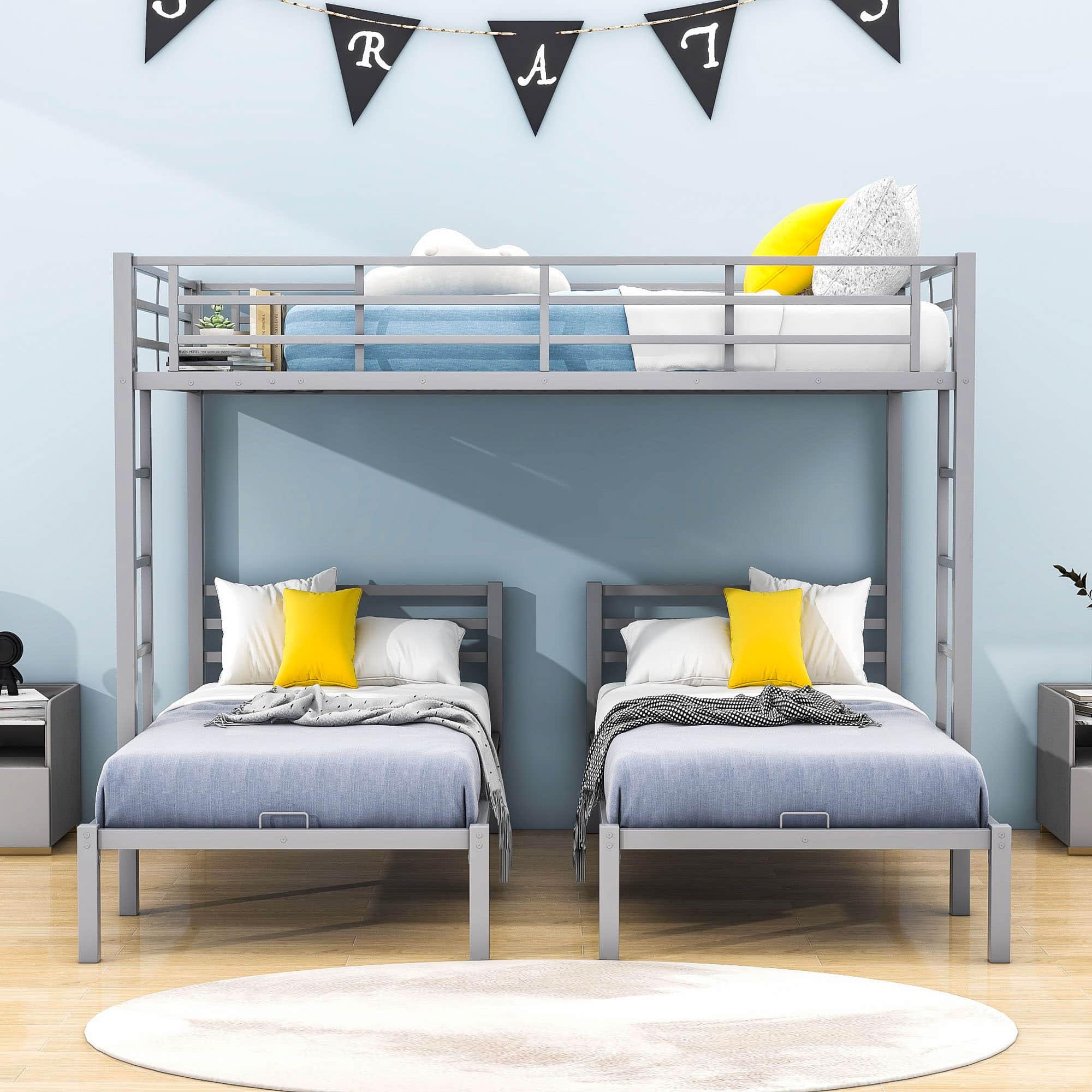 Full Over Twin & Twin Metal Triple Bunk Bed with Shelf