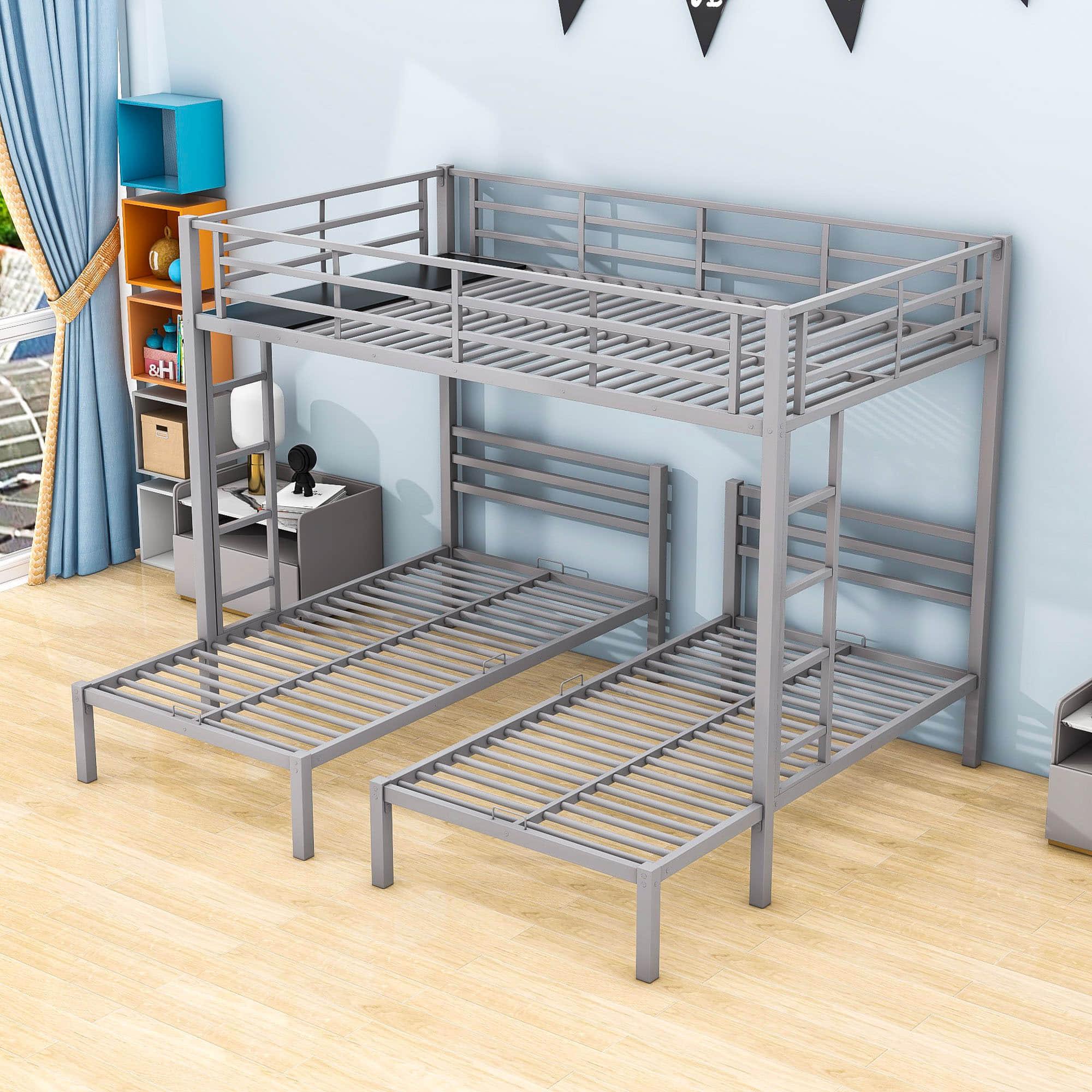 Full Over Twin & Twin Metal Triple Bunk Bed with Shelf