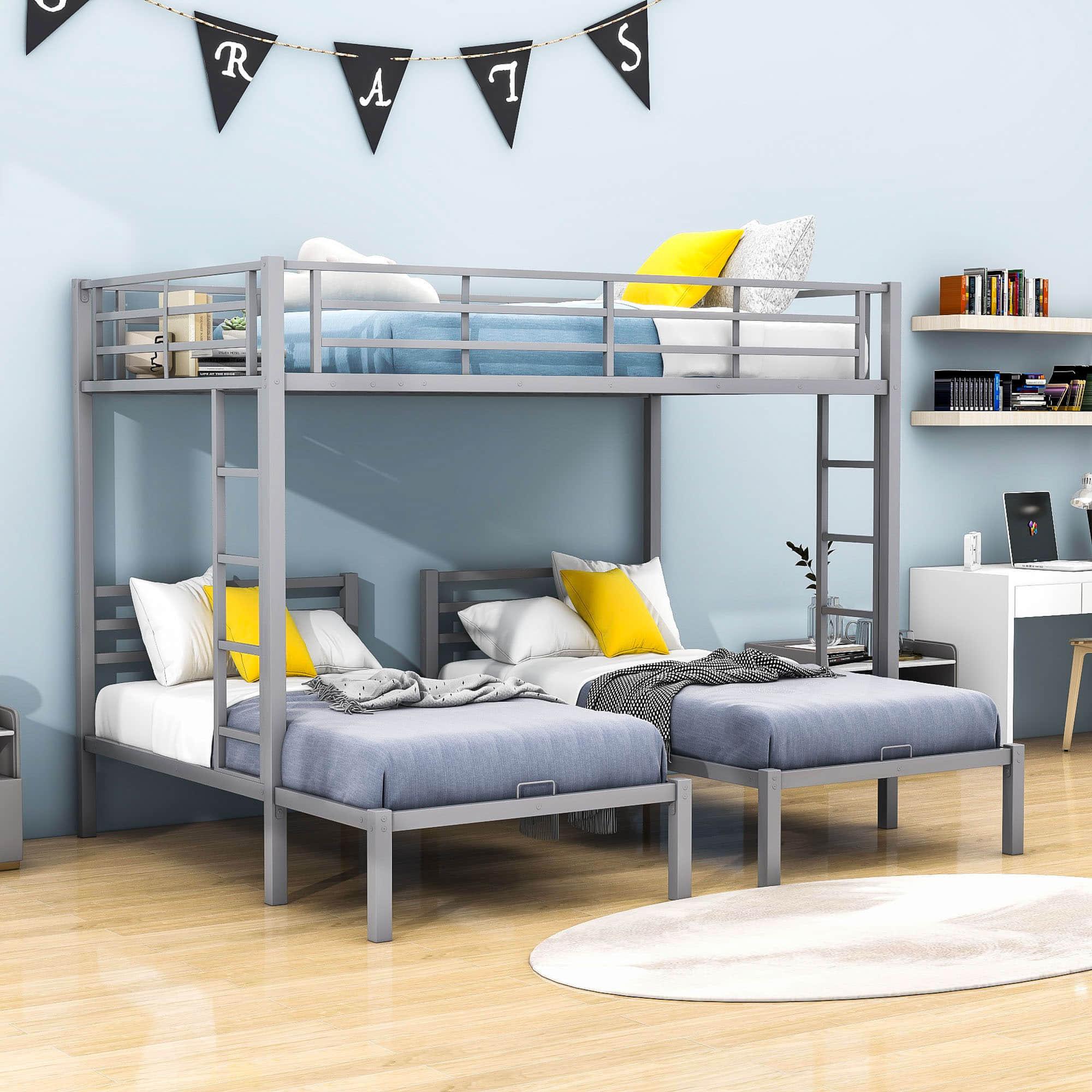 Full Over Twin & Twin Metal Triple Bunk Bed with Shelf