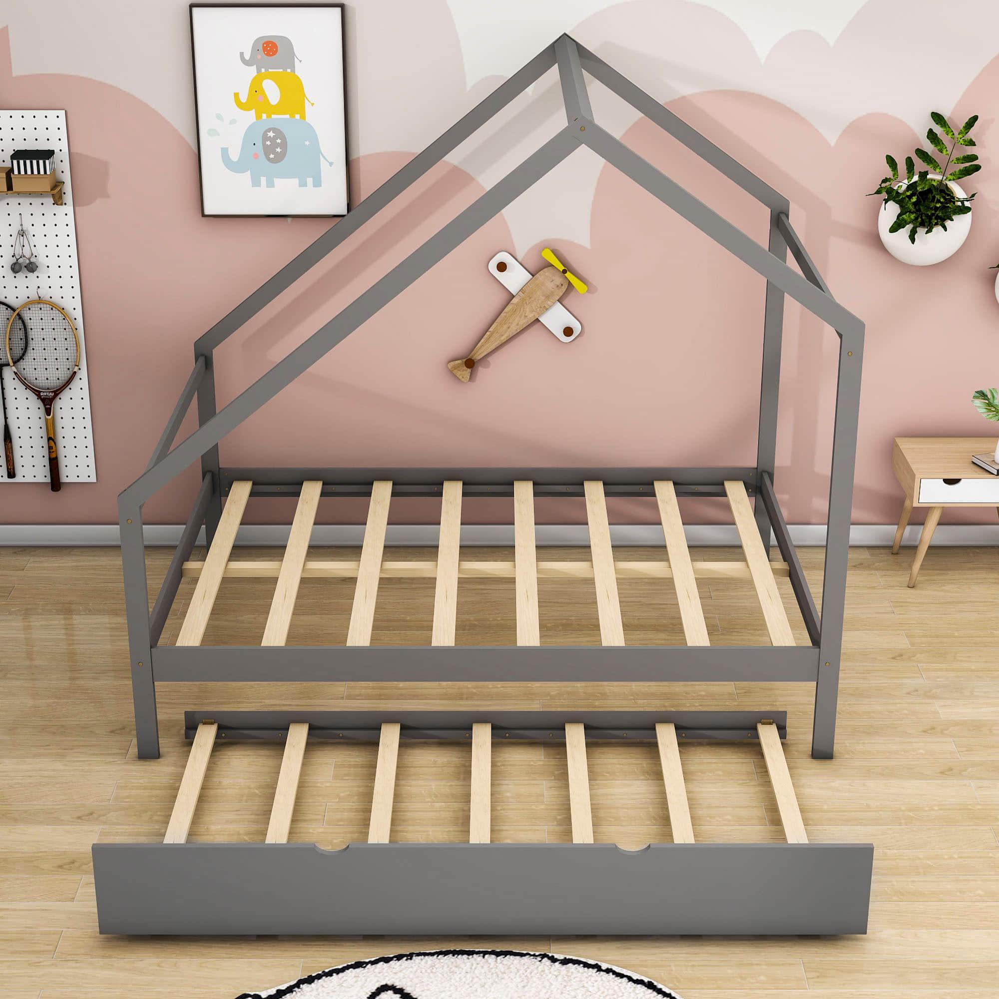 Full Size Scandinavian Low House Bed With Twin Trundle For Kids - [Wood]