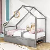 Twin Size Scandinavian Low House Bed With Twin Trundle for Kids - [Wood]