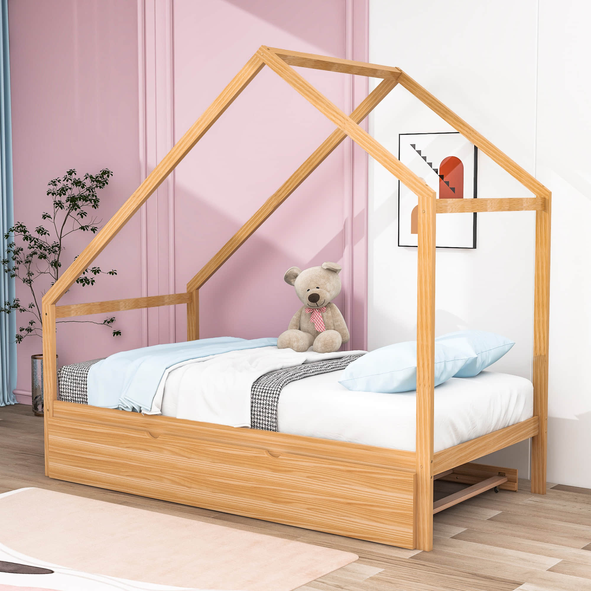 Twin Size Scandinavian Low House Bed With Twin Trundle for Kids - [Wood]