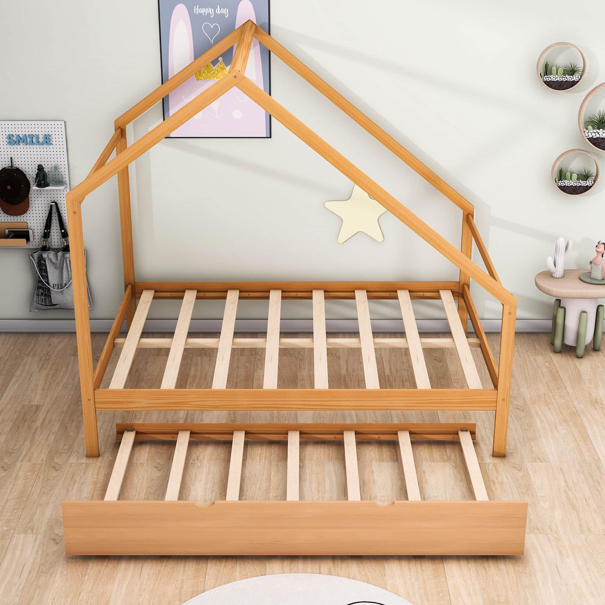 Full Size Scandinavian Low House Bed With Twin Trundle For Kids - [Wood]