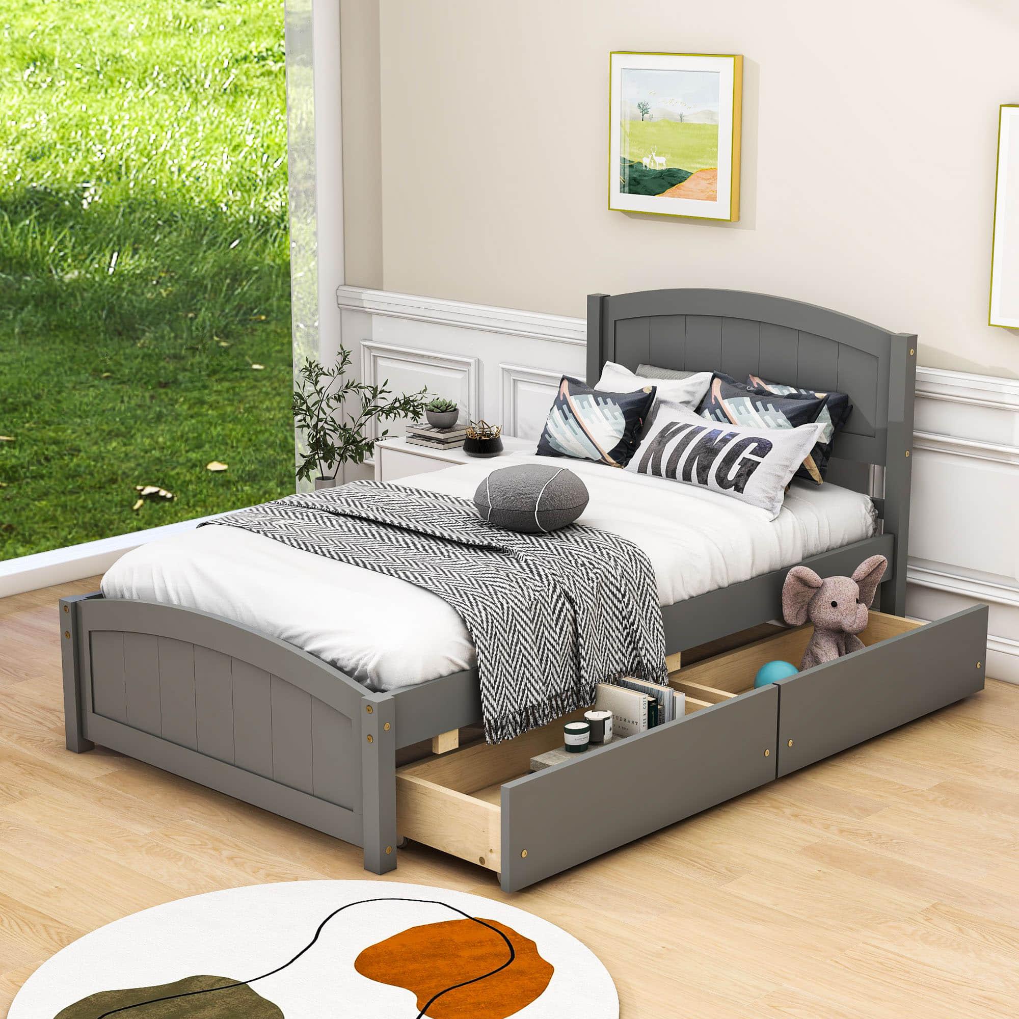 Twin Size Platform Bed with Two Storage Drawers for Kids - [Headboard]