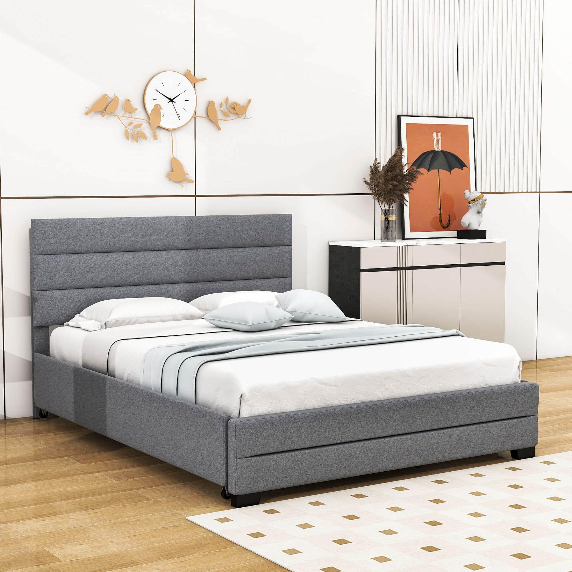 Queen Size Upholstered Platform Bed with Twin Trundle and Drawers - [Headboard]