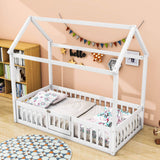 Wood House Twin Toddler Floor Bed with Rails and Door