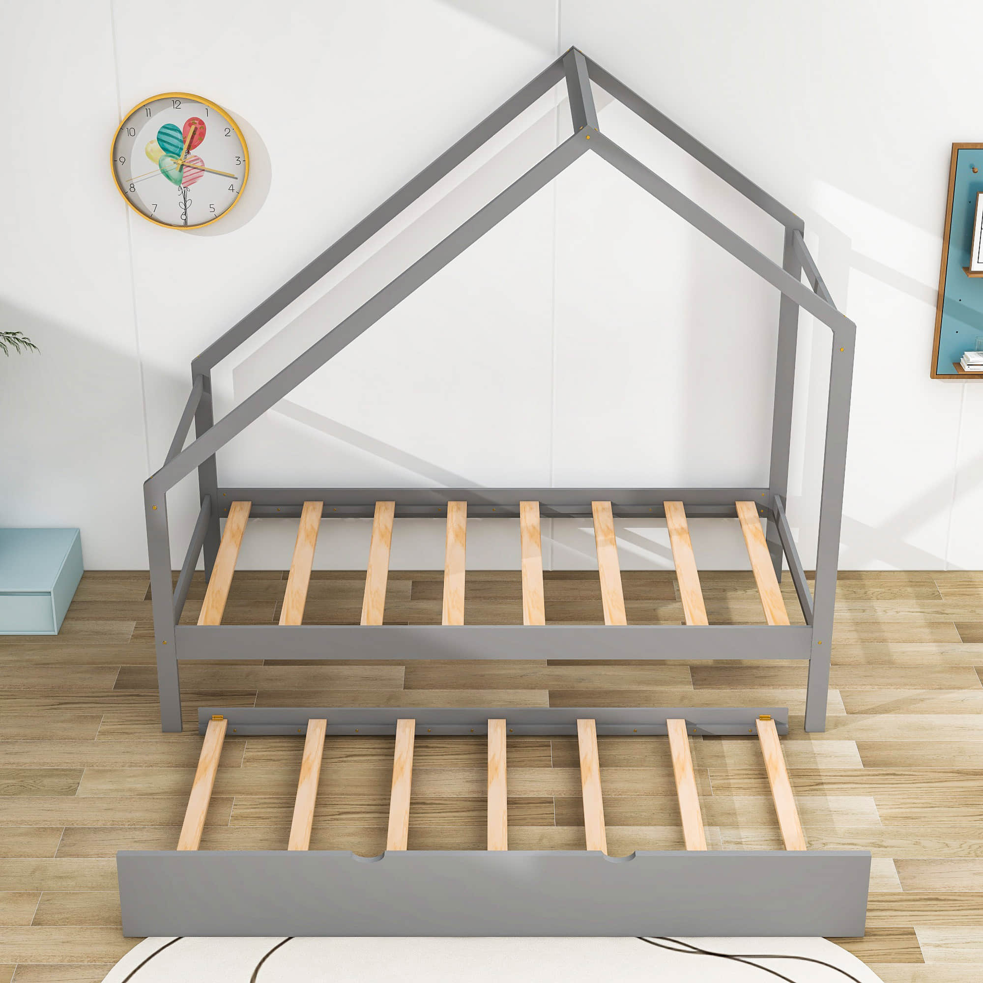 Twin Size Scandinavian Low House Bed With Twin Trundle for Kids - [Wood]