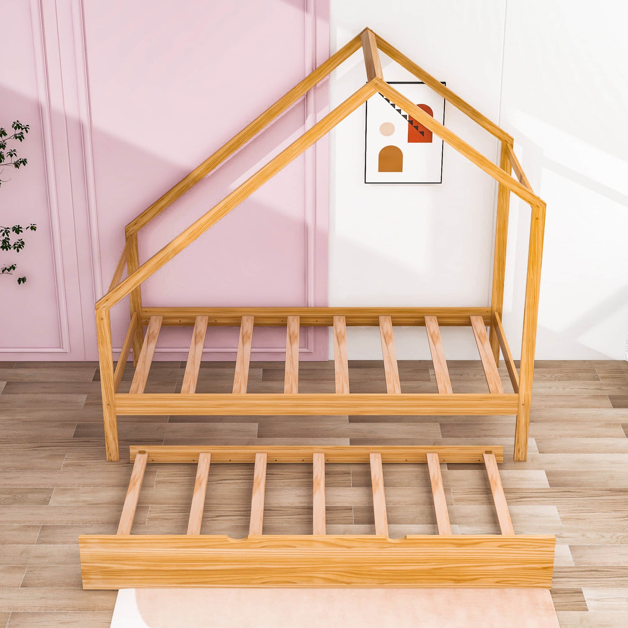 Twin Size Scandinavian Low House Bed With Twin Trundle for Kids - [Wood]