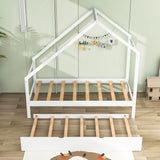 Twin Size Scandinavian Low House Bed With Twin Trundle for Kids - [Wood]