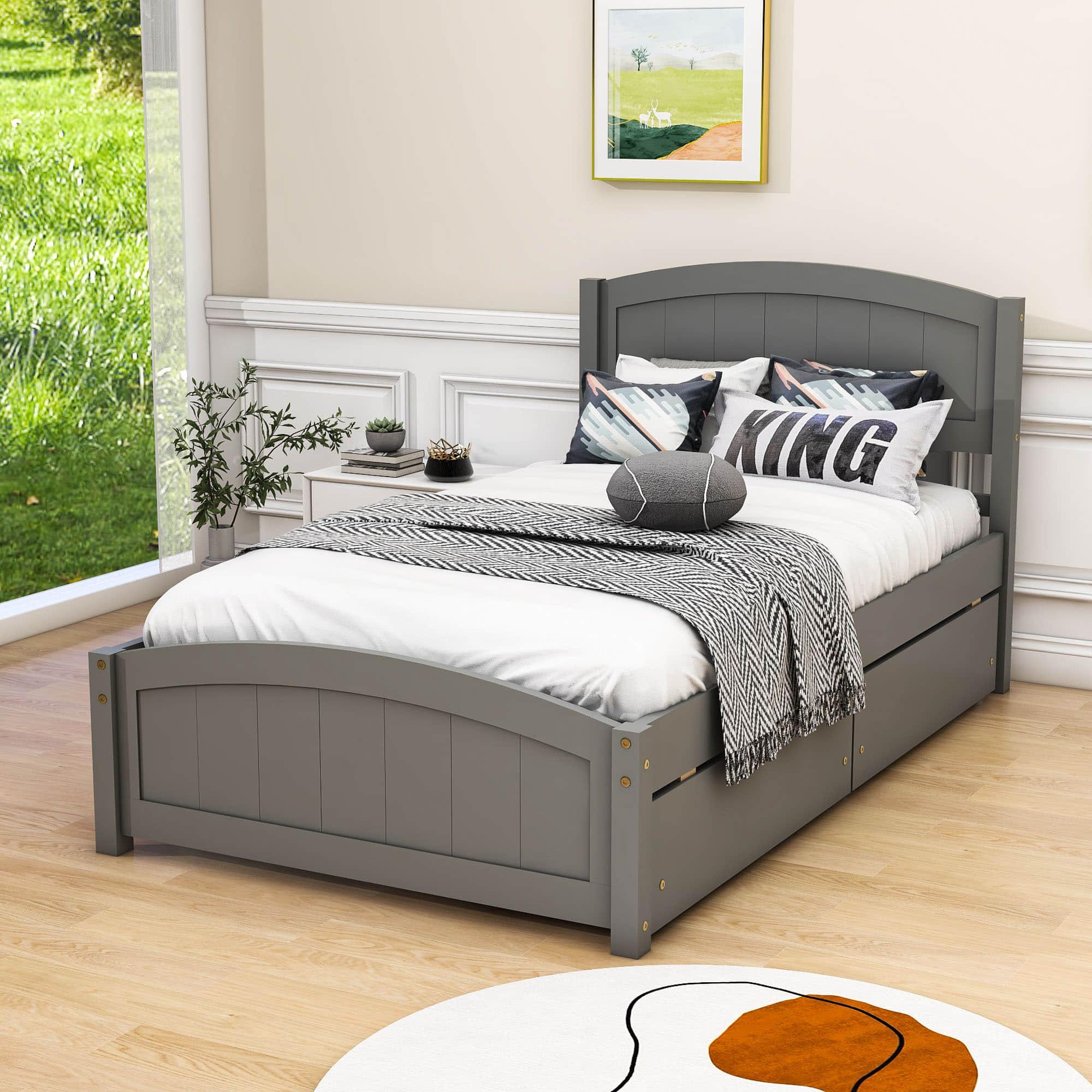 Twin Size Platform Bed with Two Storage Drawers for Kids - [Headboard]