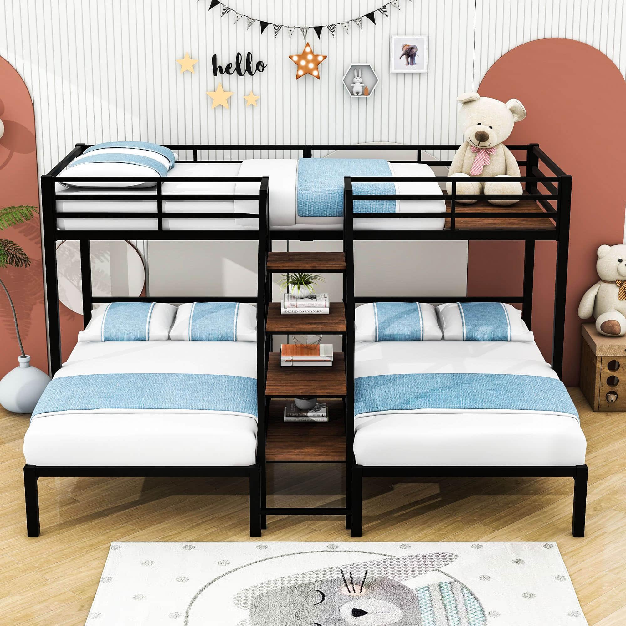 Twin Over Twin & Twin Triple Bunk Beds with Stairs and Storage - [Metal, Shelves]