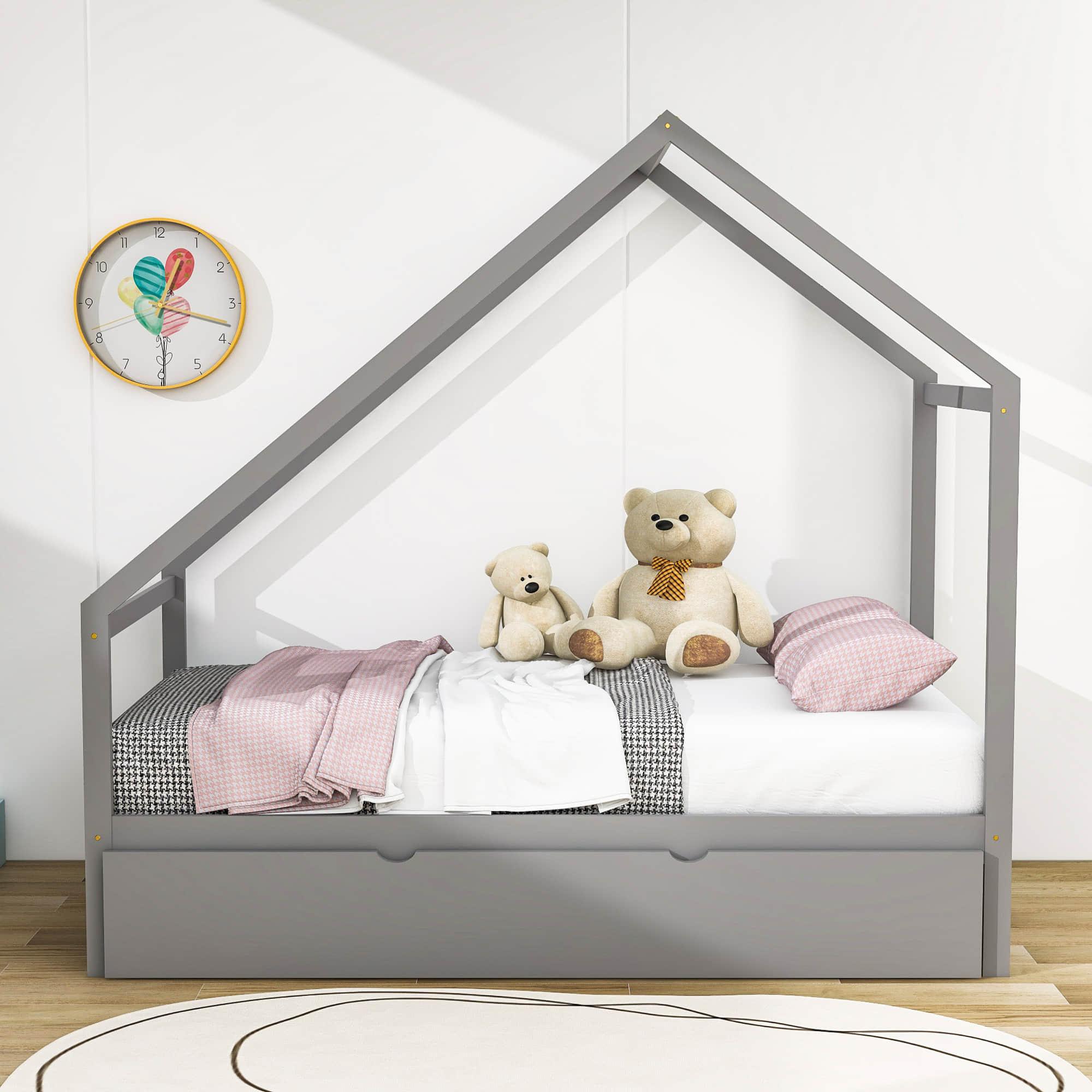 Twin Size Scandinavian Low House Bed With Twin Trundle for Kids - [Wood]