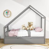 Twin Size Scandinavian Low House Bed With Twin Trundle for Kids - [Wood]