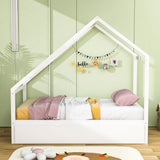 Twin Size Scandinavian Low House Bed With Twin Trundle for Kids - [Wood]