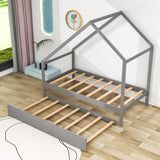 Twin Size Scandinavian Low House Bed With Twin Trundle for Kids - [Wood]