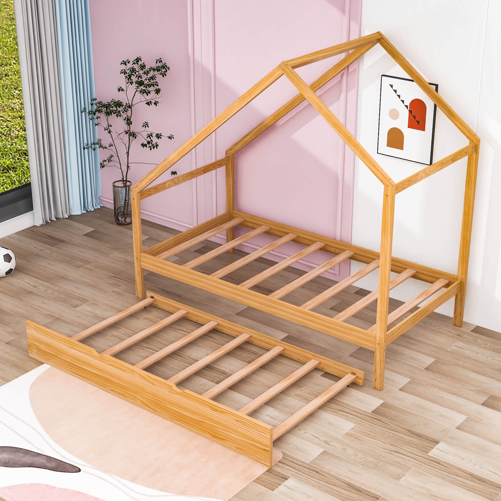 Twin Size Scandinavian Low House Bed With Twin Trundle for Kids - [Wood]