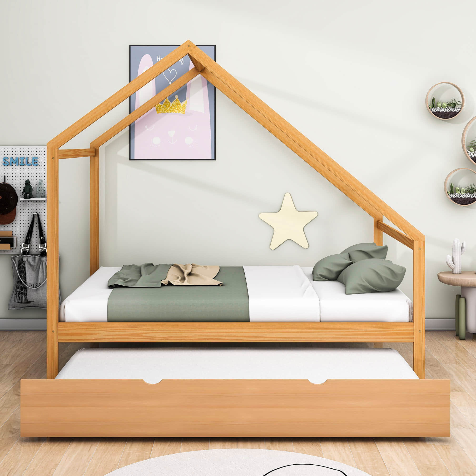 Full Size Scandinavian Low House Bed With Twin Trundle For Kids - [Wood]