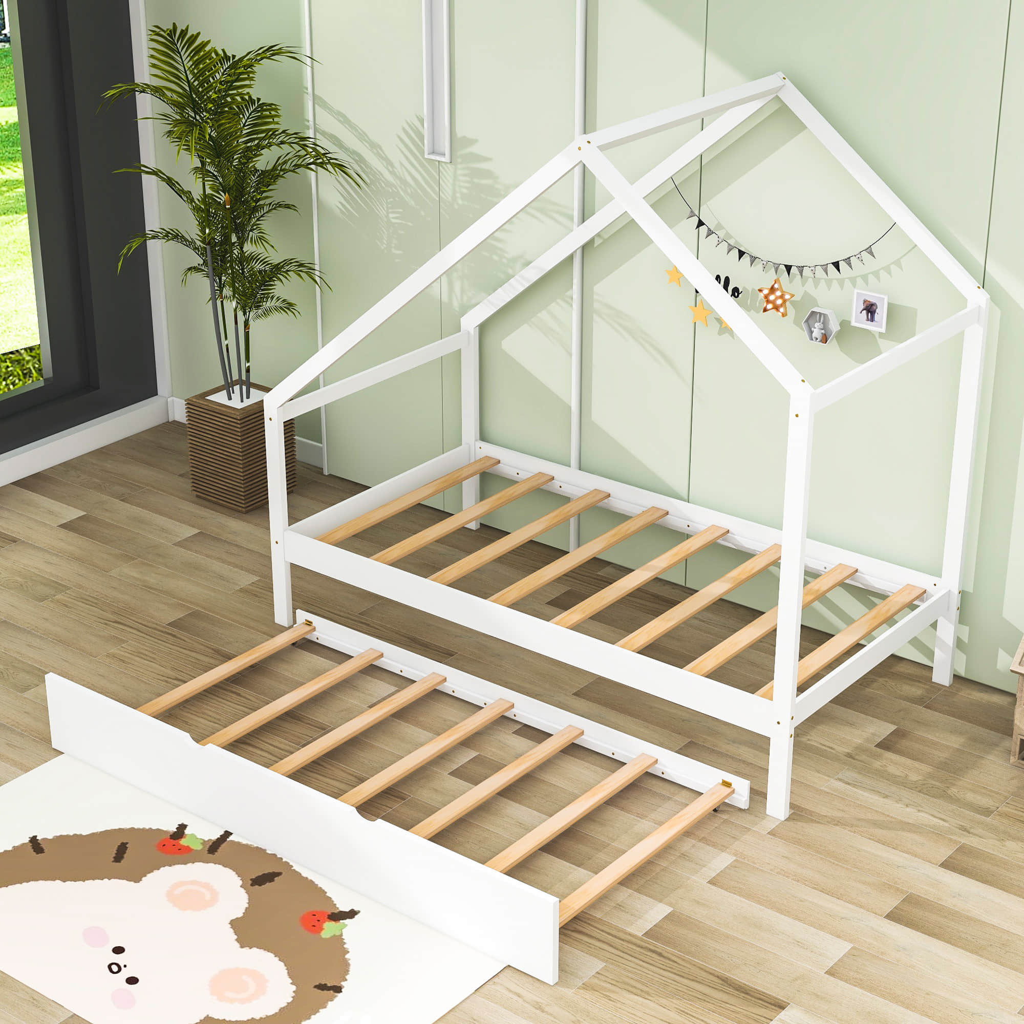 Twin Size Scandinavian Low House Bed With Twin Trundle for Kids - [Wood]