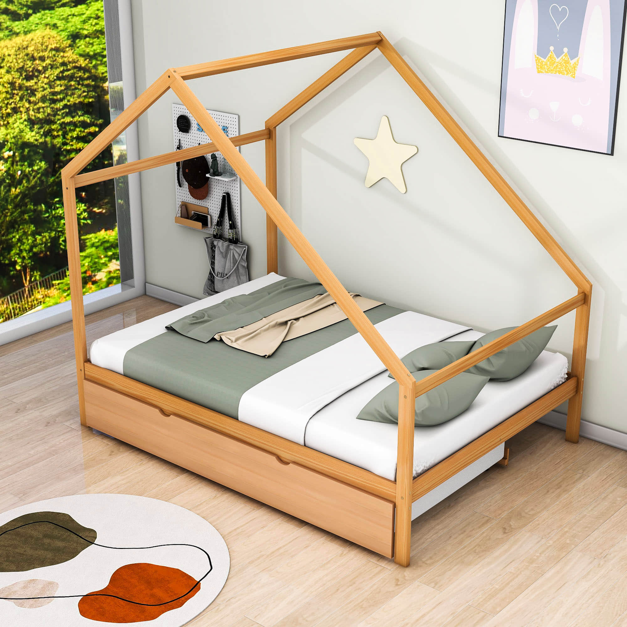 Full Size Scandinavian Low House Bed With Twin Trundle For Kids - [Wood]