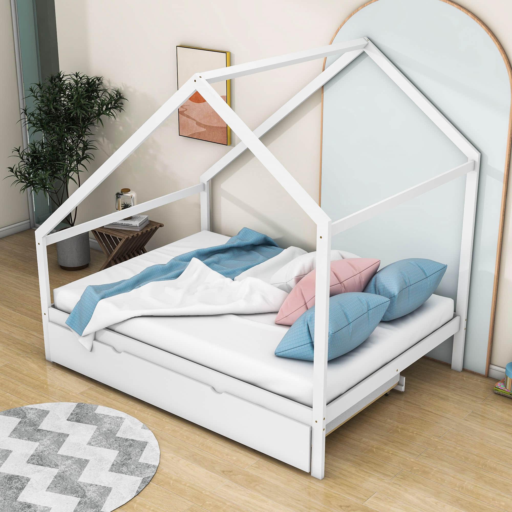 Full Size Scandinavian Low House Bed With Twin Trundle For Kids - [Wood]