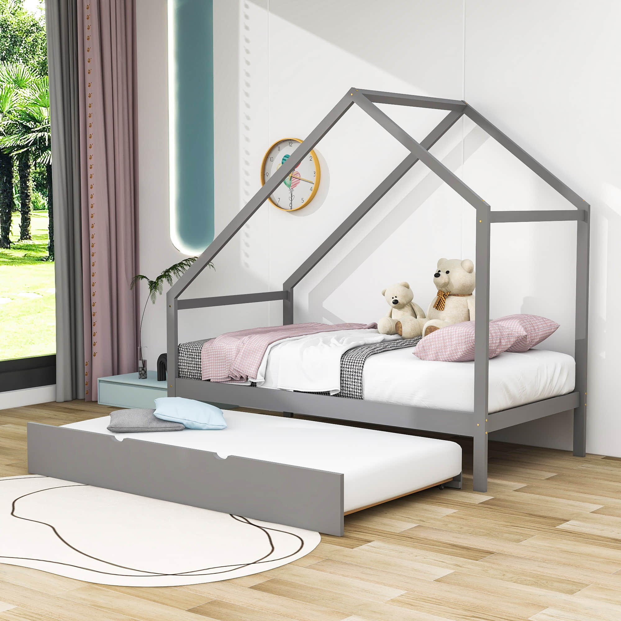 Twin Size Scandinavian Low House Bed With Twin Trundle for Kids - [Wood]