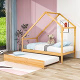 Twin Size Scandinavian Low House Bed With Twin Trundle for Kids - [Wood]