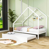 Twin Size Scandinavian Low House Bed With Twin Trundle for Kids - [Wood]