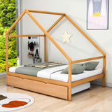 Full Size Scandinavian Low House Bed With Twin Trundle For Kids - [Wood]