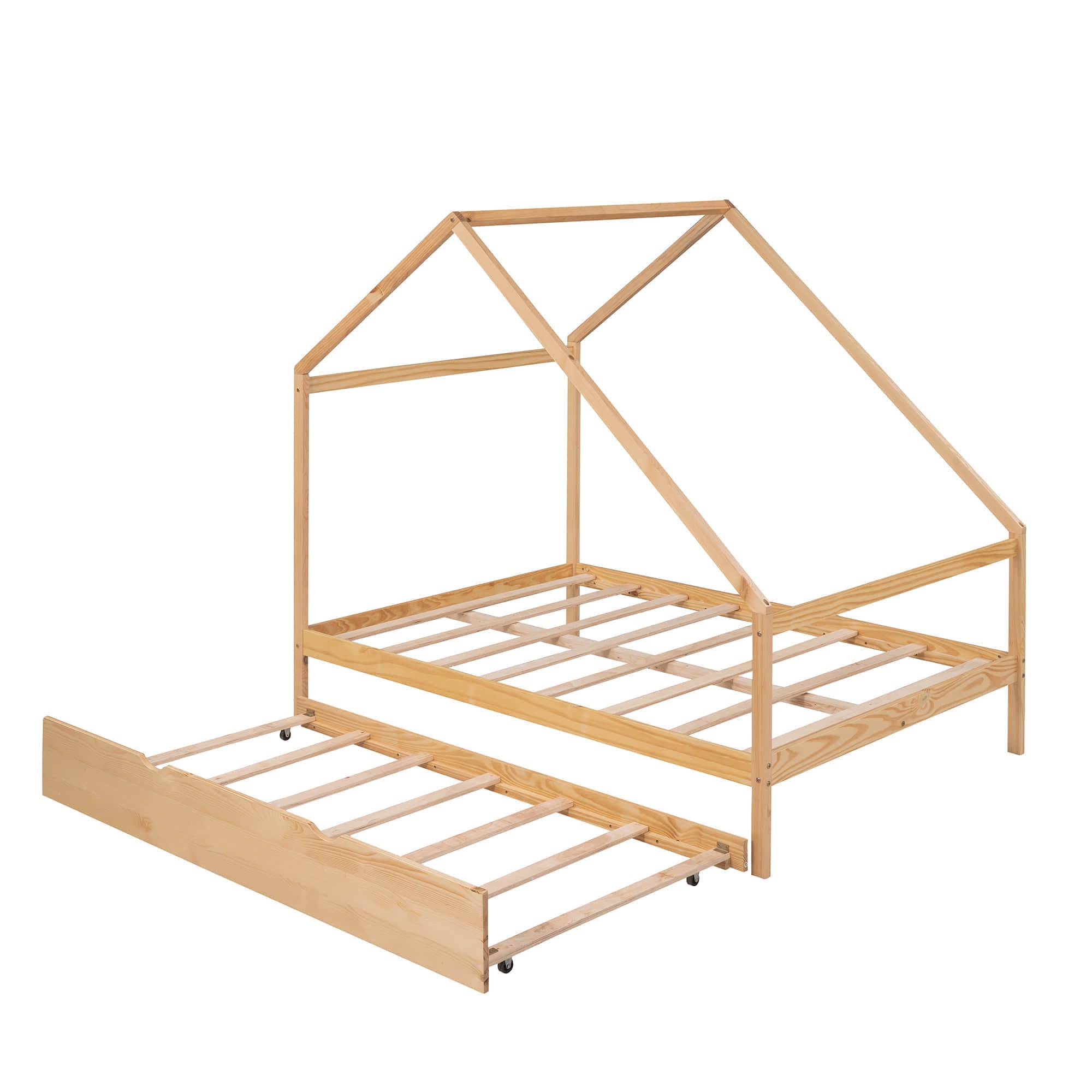 Full Size Scandinavian Low House Bed With Twin Trundle For Kids - [Wood]