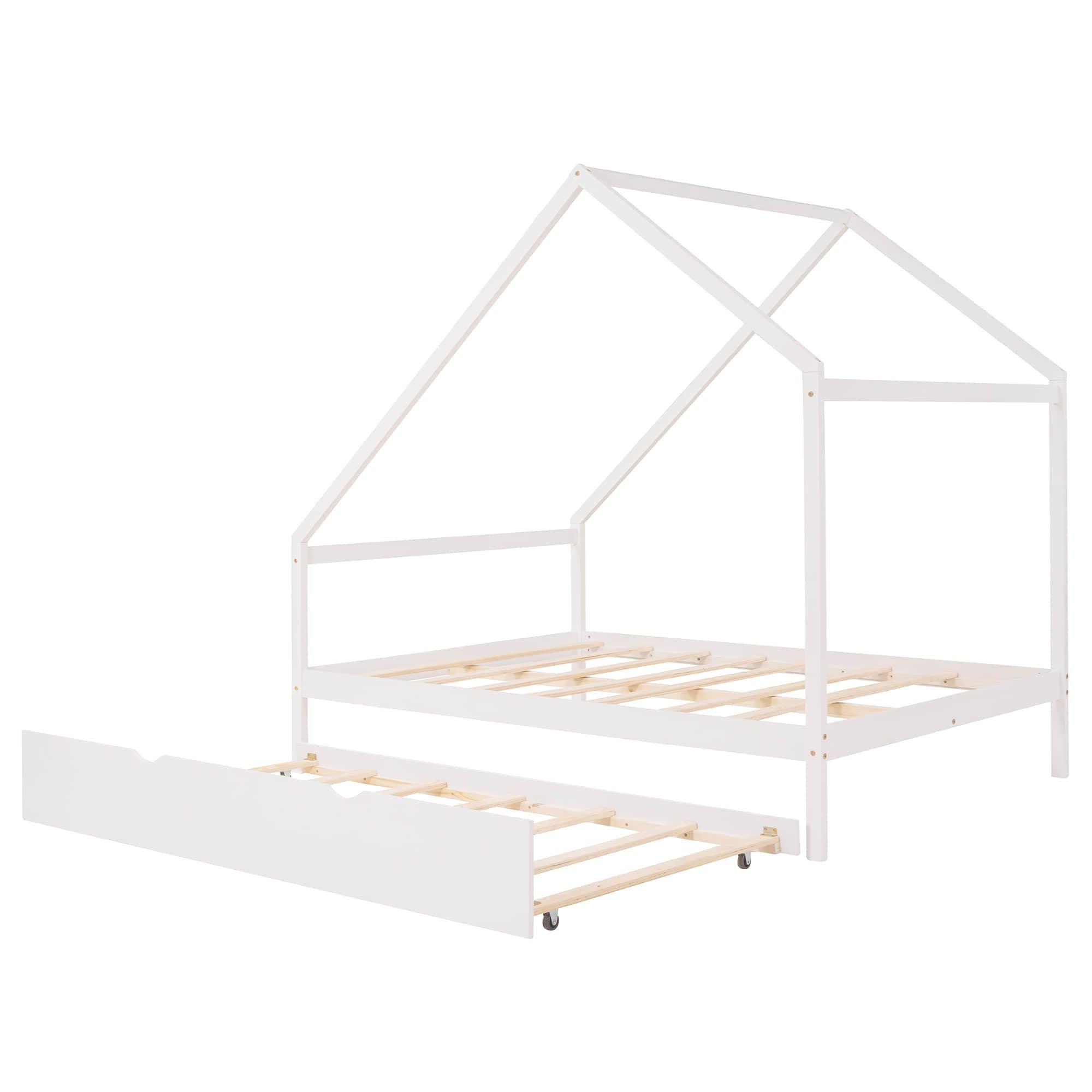 Full Size Scandinavian Low House Bed With Twin Trundle For Kids - [Wood]