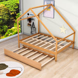 Full Size Scandinavian Low House Bed With Twin Trundle For Kids - [Wood]