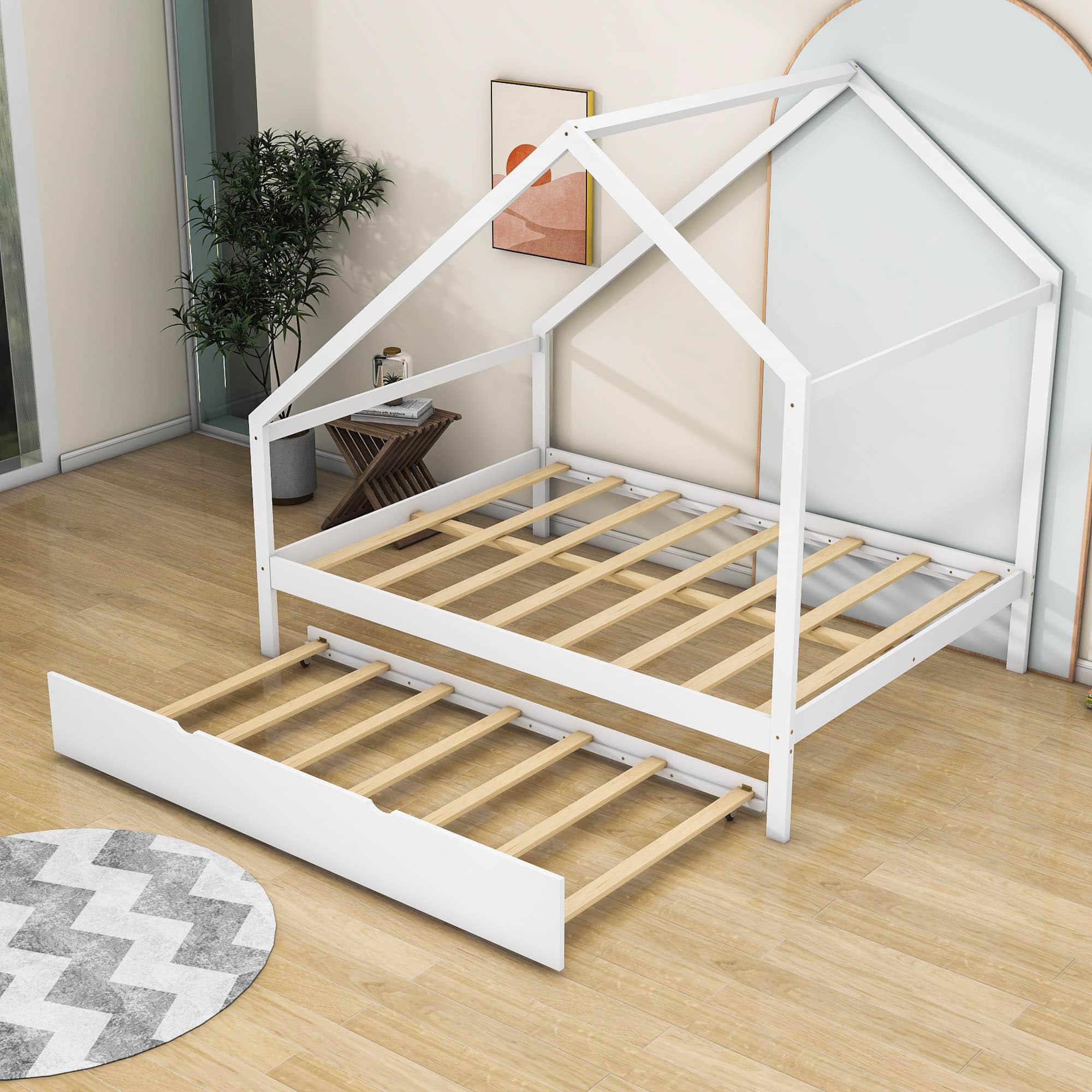 Full Size Scandinavian Low House Bed With Twin Trundle For Kids - [Wood]