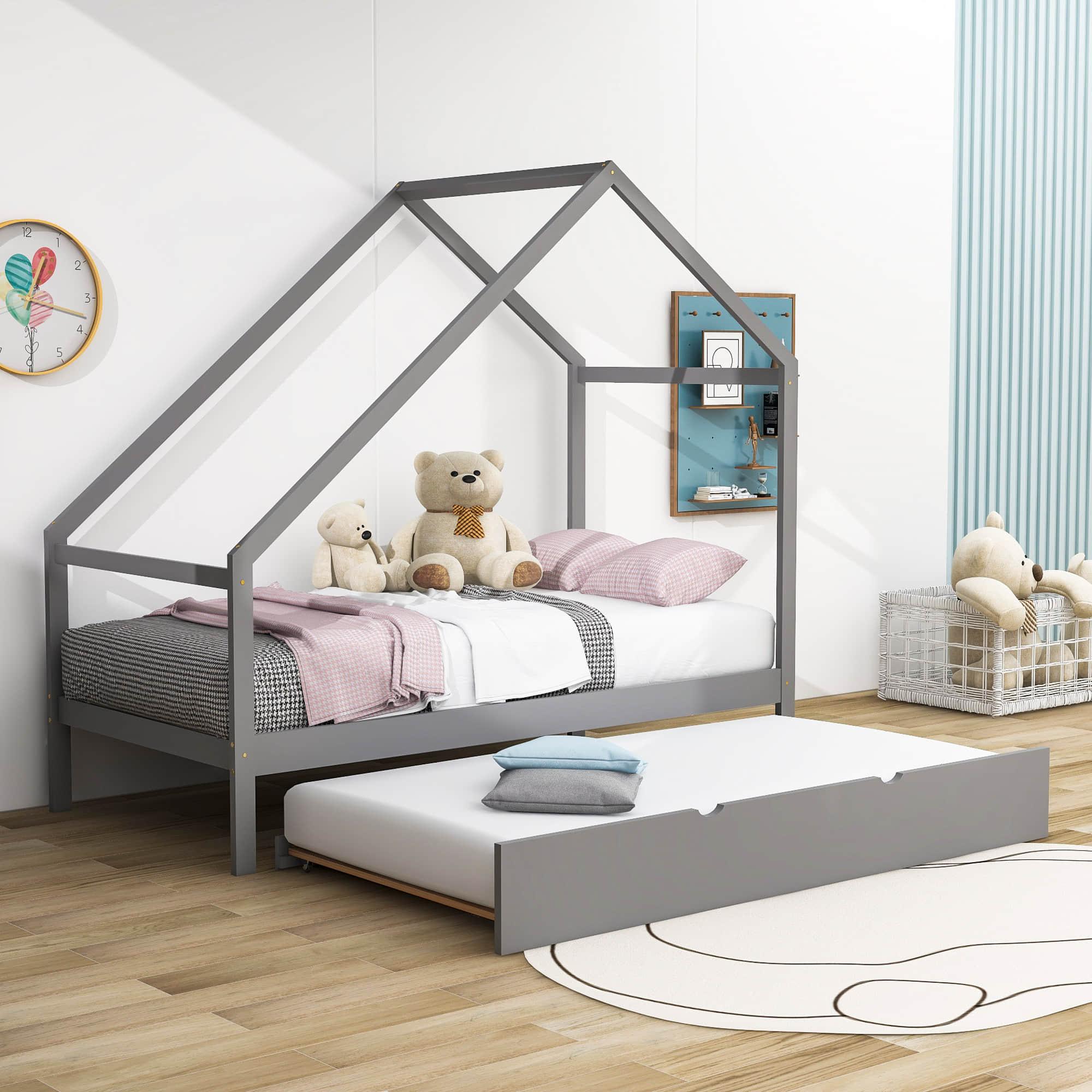 Twin Size Scandinavian Low House Bed With Twin Trundle for Kids - [Wood]