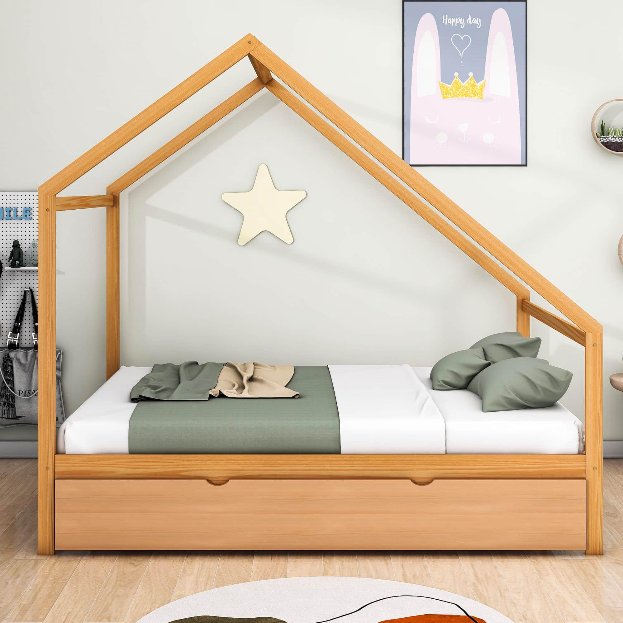 Full Size Scandinavian Low House Bed With Twin Trundle For Kids - [Wood]