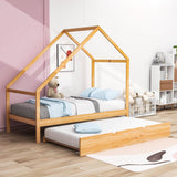 Twin Size Scandinavian Low House Bed With Twin Trundle for Kids - [Wood]