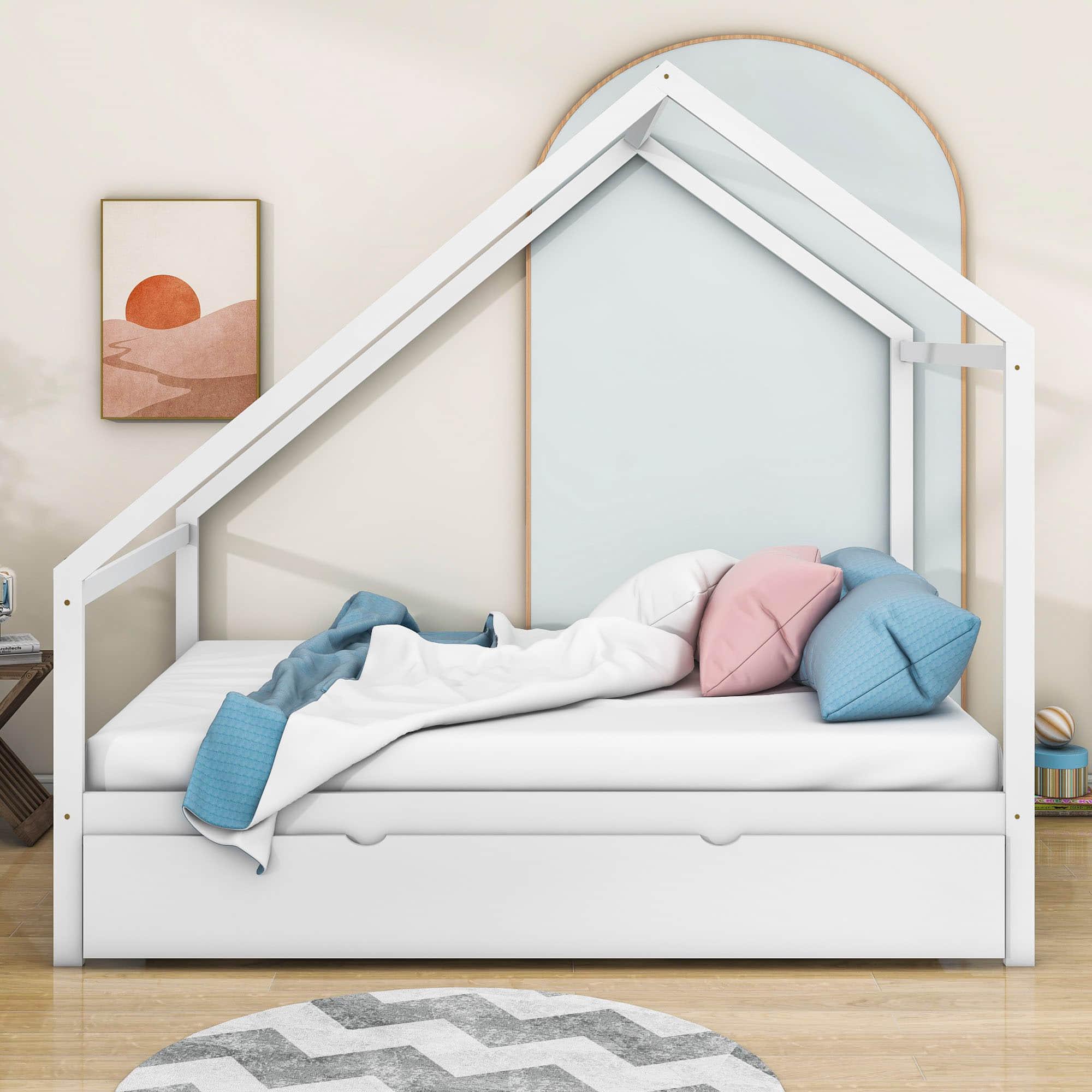 Full Size Scandinavian Low House Bed With Twin Trundle For Kids - [Wood]