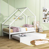 Twin Size Scandinavian Low House Bed With Twin Trundle for Kids - [Wood]