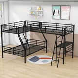 Twin Over Full Corner Loft Triple Bunk Beds with Desk - [Metal, Black]