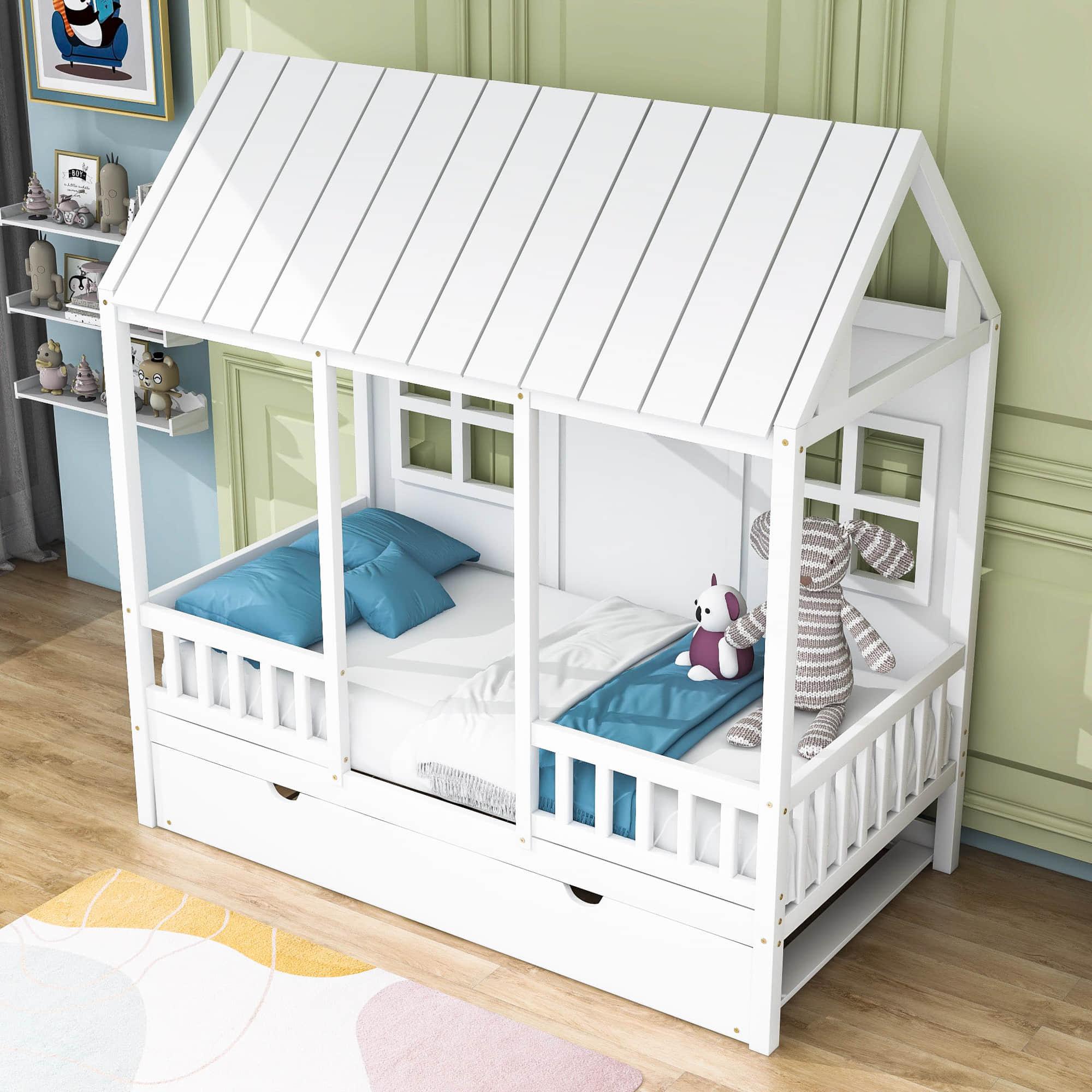 Wooden Twin House Kids Bed with Twin Trundle Bed and Rails