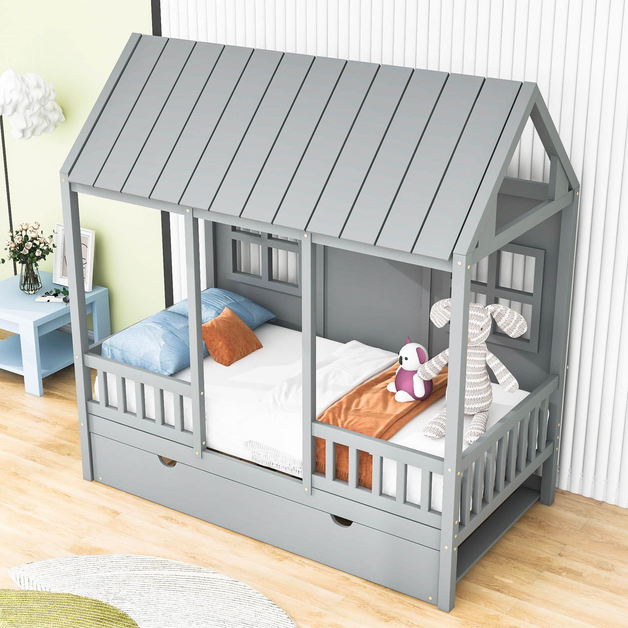 Wooden Twin House Kids Bed with Twin Trundle Bed and Rails