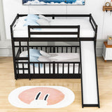 Wooden Twin Over Twin Low Bunk Beds with Slide for Kids, Toddler - [Floor]